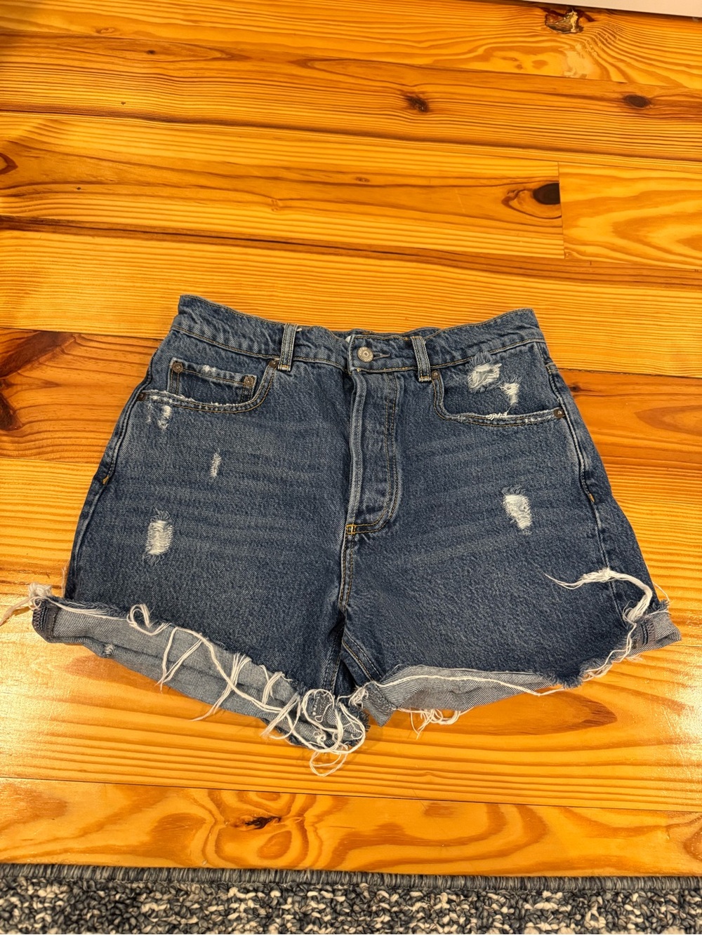Boyish Distressed Dark Blue High-Rise Jean Shorts